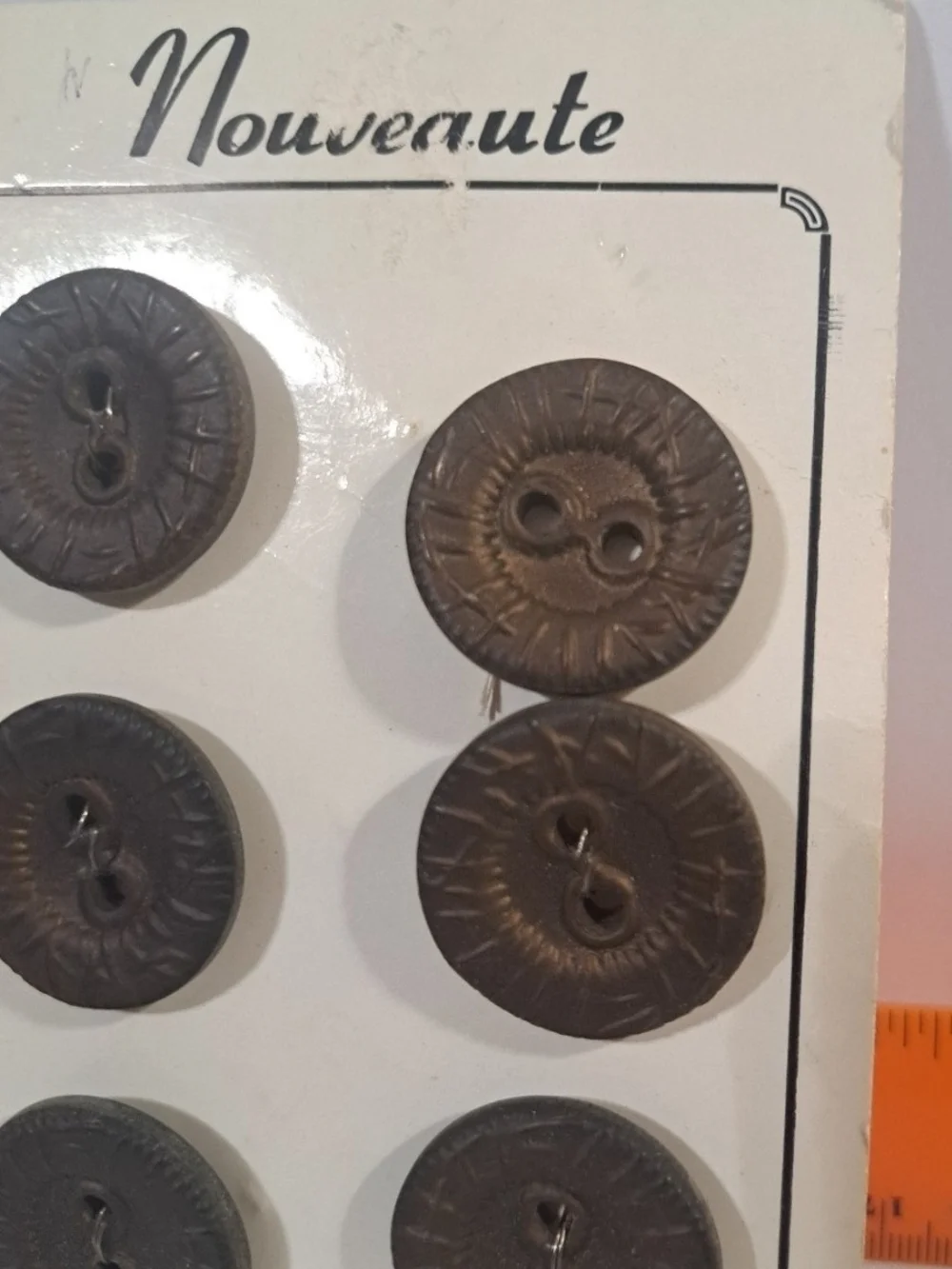 Nouveaute Brown Carved Plastic Buttons 6pc Set Deadstock Art Deco